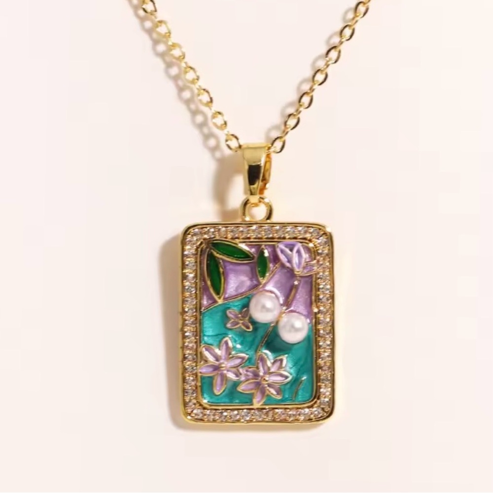 Floral Enamel Pendant Necklace w/ Pearl & Rhinestone Accents